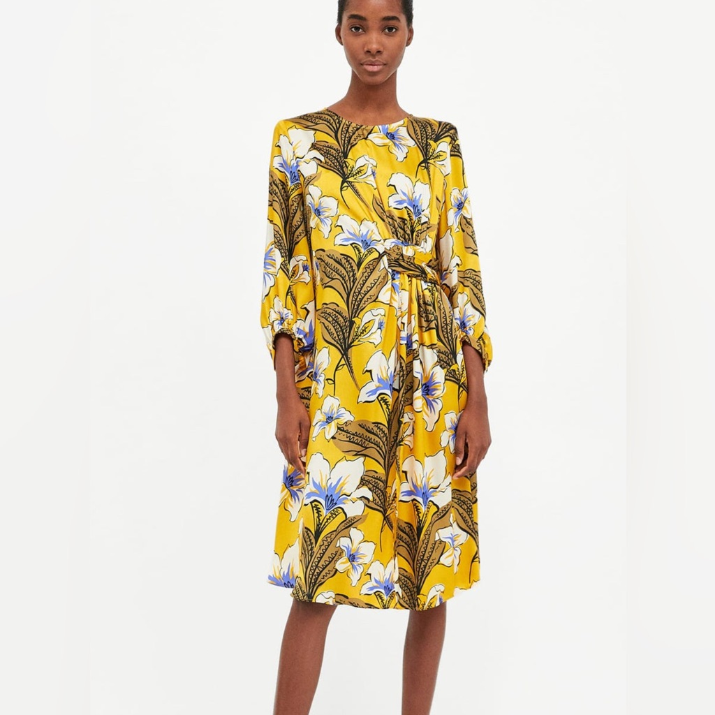 Nwt Zara Floral Print Gathered Dress In Yellow Midi Long Sleeves Size Large